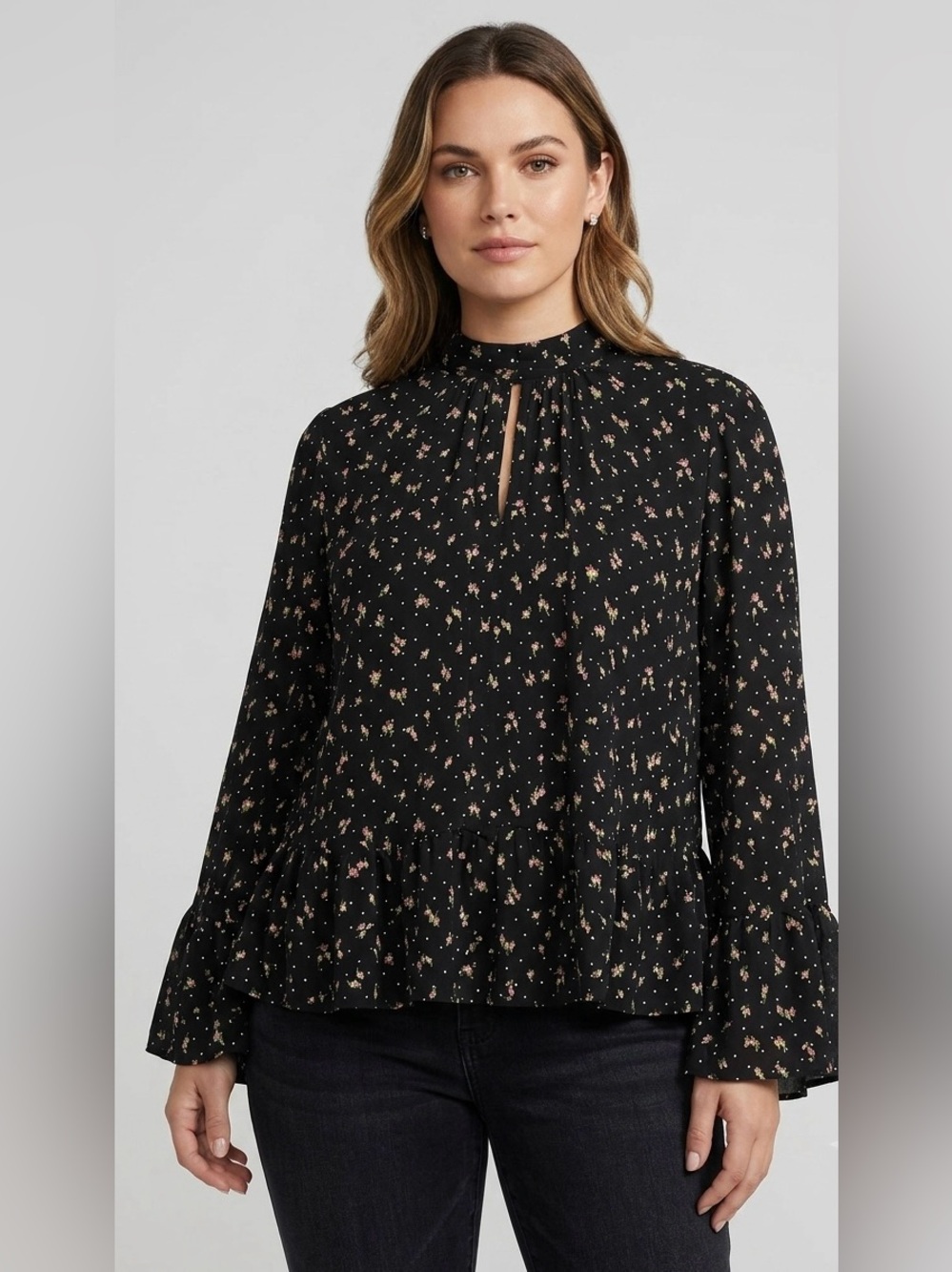 Revolve & Other Stories Mock Neck Floral Polka Dot Peplum Top Longโ Sleeve